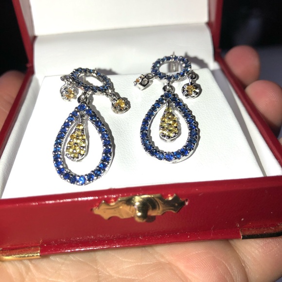 14K Blue & Yellow Sapphire Dangle Earrings - Picture 2 of 5